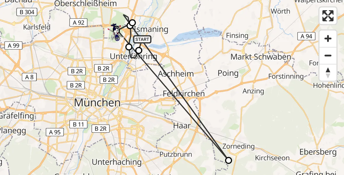 Flugroute Polizeihubschrauber Ismaning - Schwabing-Freimann, 12 Februar 2026, 10:44