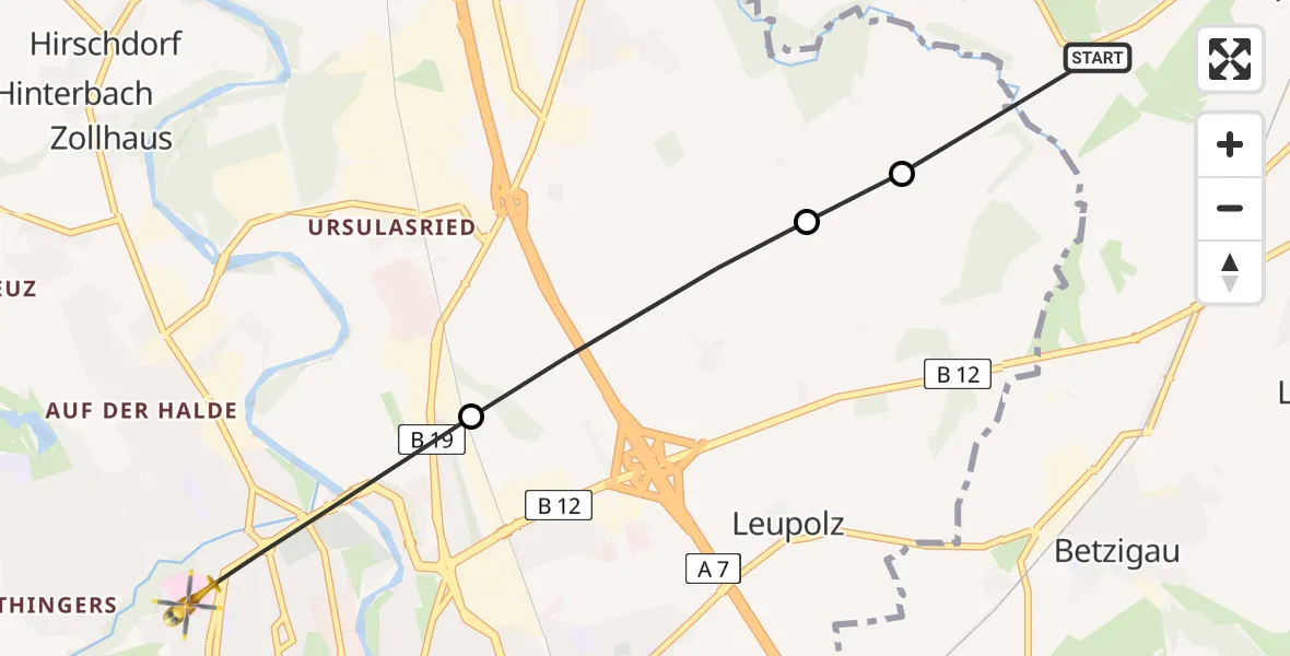 Flugroute Rettungshubschrauber Haldenwang - Kempten (Allgäu), 12 Februar 2026, 10:46