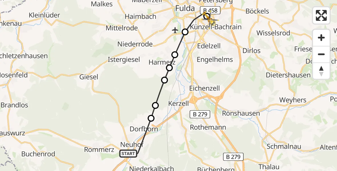 Flugroute Rettungshubschrauber Neuhof - Fulda Hospital Heliport, 12 Februar 2026, 11:02