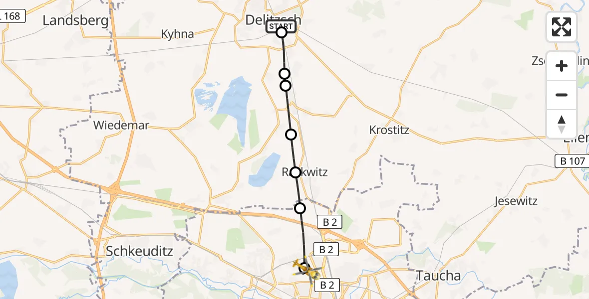 Flugroute Rettungshubschrauber Delitzsch - Sankt Georg Hospital Leipzig Reserve Heliport, 12 Februar 2026, 11:05