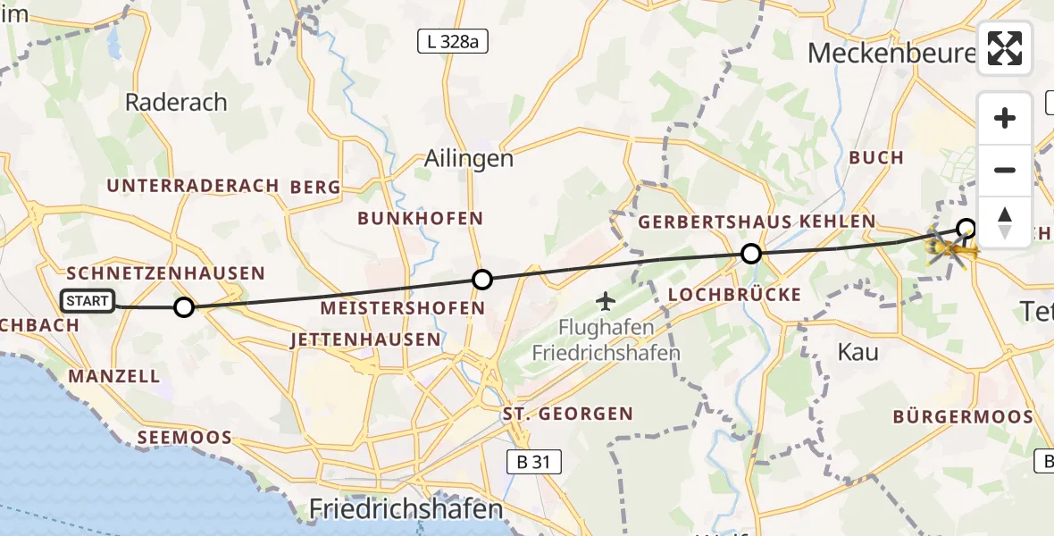 Flugroute Rettungshubschrauber Friedrichshafen Hospital Heliport - Meckenbeuren, 12 Februar 2026, 11:19