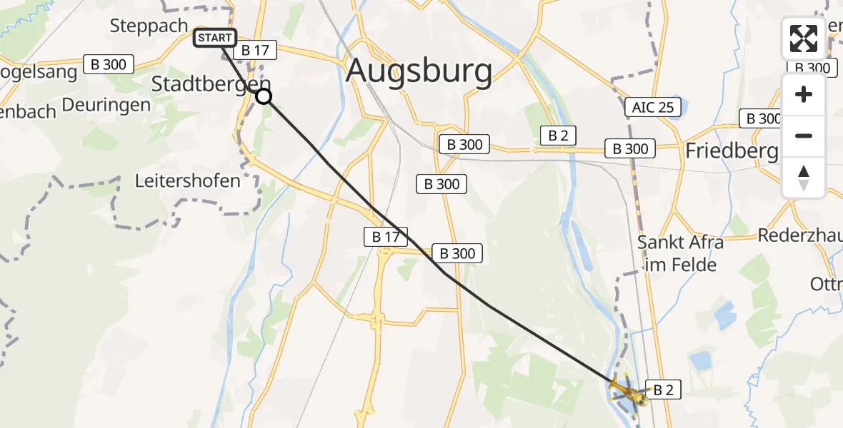Flugroute Rettungshubschrauber Stadtbergen - Kissing, 12 Februar 2026, 11:23