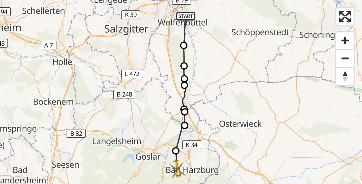 Flugroute Rettungshubschrauber Wolfenbüttel - Harz (LK Goslar), 12 Februar 2026, 11:25