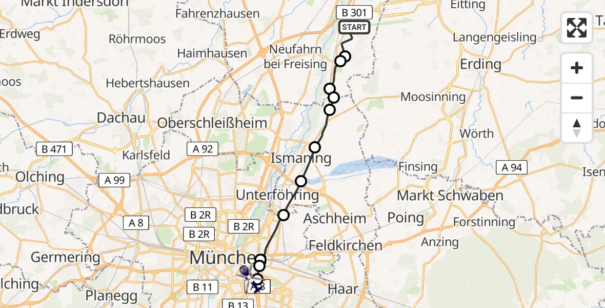 Flugroute Polizeihubschrauber Hallbergmoos - Ramersdorf-Perlach, 12 Februar 2026, 11:56
