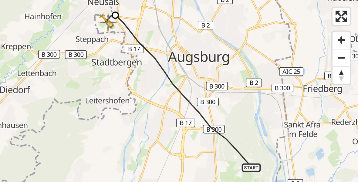 Flugroute Rettungshubschrauber Augsburg - Augsburg University Hospital Heliport, 12 Februar 2026, 11:59
