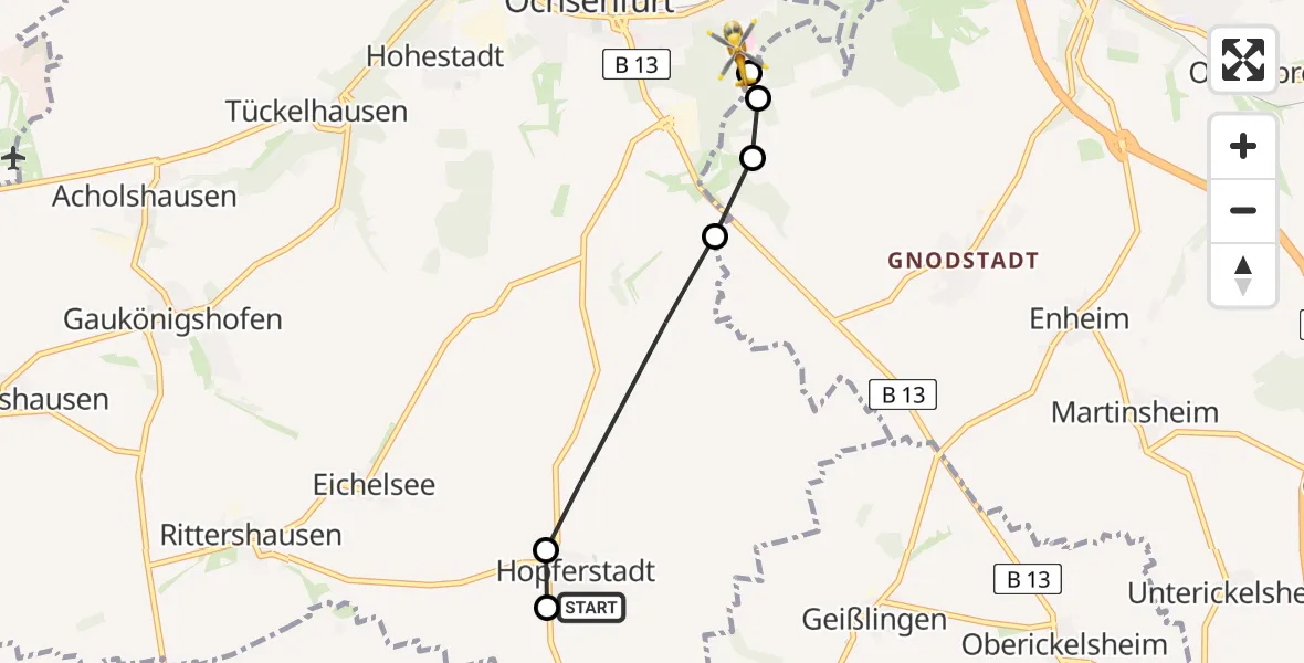 Flugroute Rettungshubschrauber Hopferstadt - Ochsenfurt Hospital Heliport, 12 Februar 2026, 12:07