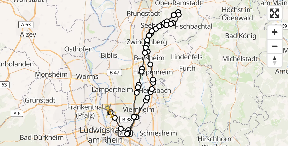 Flugroute Rettungshubschrauber Mannheim-City Airport - Mannheim, 12 Februar 2026, 12:07