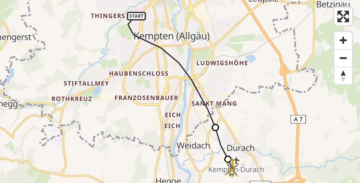 Flugroute Rettungshubschrauber Kempten (Allgäu) - Kempten-Durach Airfield, 12 Februar 2026, 12:11