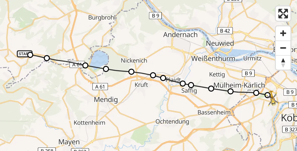 Flugroute Rettungshubschrauber Engeln - Koblenz, 12 Februar 2026, 12:17