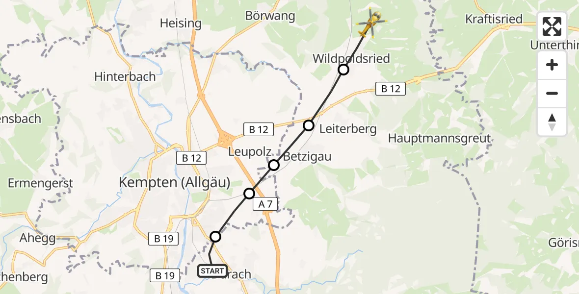 Flugroute Rettungshubschrauber Weidach - Wildpoldsried, 12 Februar 2026, 12:25
