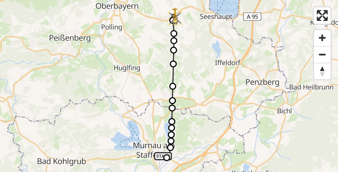 Flugroute Rettungshubschrauber Murnau Accident Hospital Heliport - Seeshaupt, 12 Februar 2026, 12:35