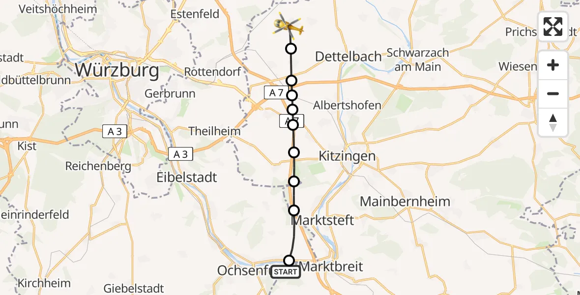 Flugroute Rettungshubschrauber Ochsenfurt - Euerfeld, 12 Februar 2026, 12:46