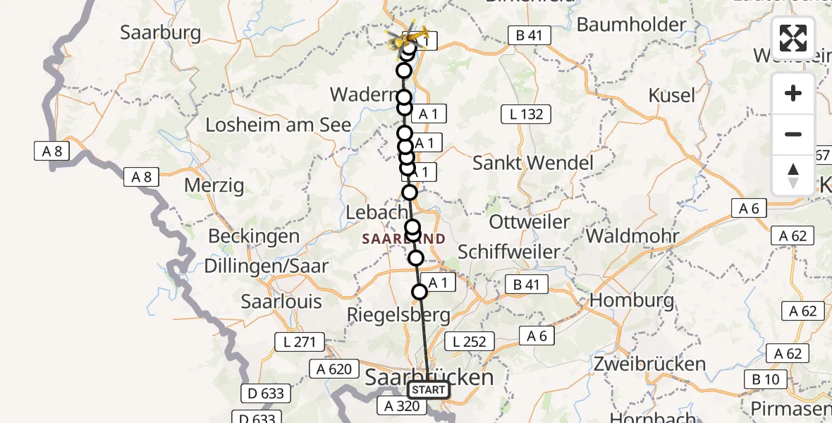 Flugroute Rettungshubschrauber Saarbrücken - Nonnweiler, 12 Februar 2026, 12:49