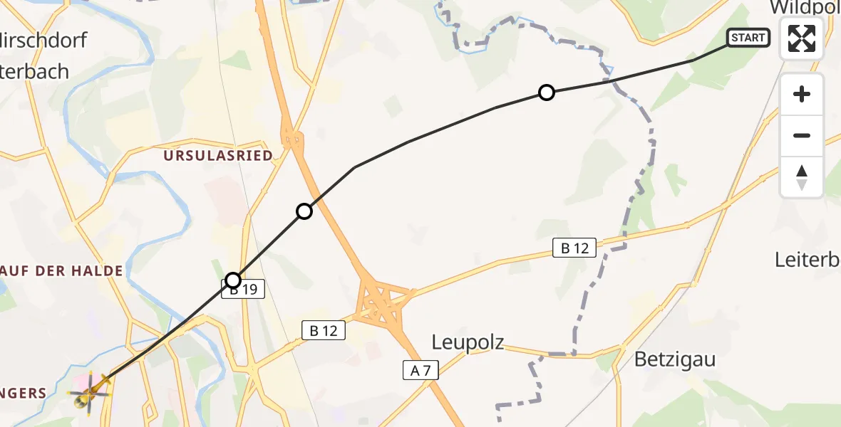 Flugroute Rettungshubschrauber Haldenwang - Kempten (Allgäu), 12 Februar 2026, 12:55