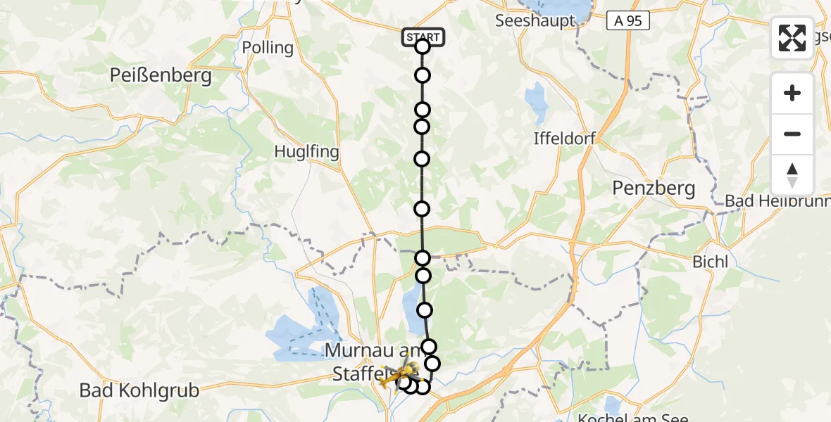 Flugroute Rettungshubschrauber Seeshaupt - Murnau Accident Hospital Heliport, 12 Februar 2026, 13:01