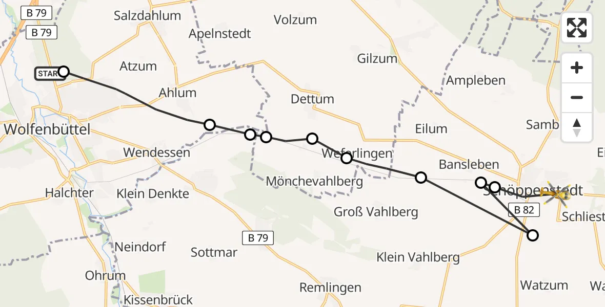 Flugroute Rettungshubschrauber Wolfenbüttel Municipal Hospital Heliport (Christoph 30) - Schöppenstedt, 12 Februar 2026, 13:01