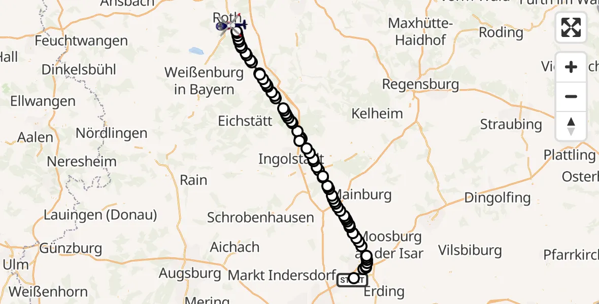 Flugroute Polizeihubschrauber Hallbergmoos - Roth, 12 Februar 2026, 13:03
