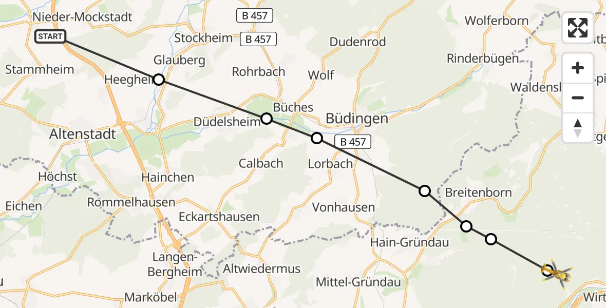Flugroute Ambulanzhubschrauber Nieder-Mockstadt - Gelnhausen, 12 Februar 2026, 13:08