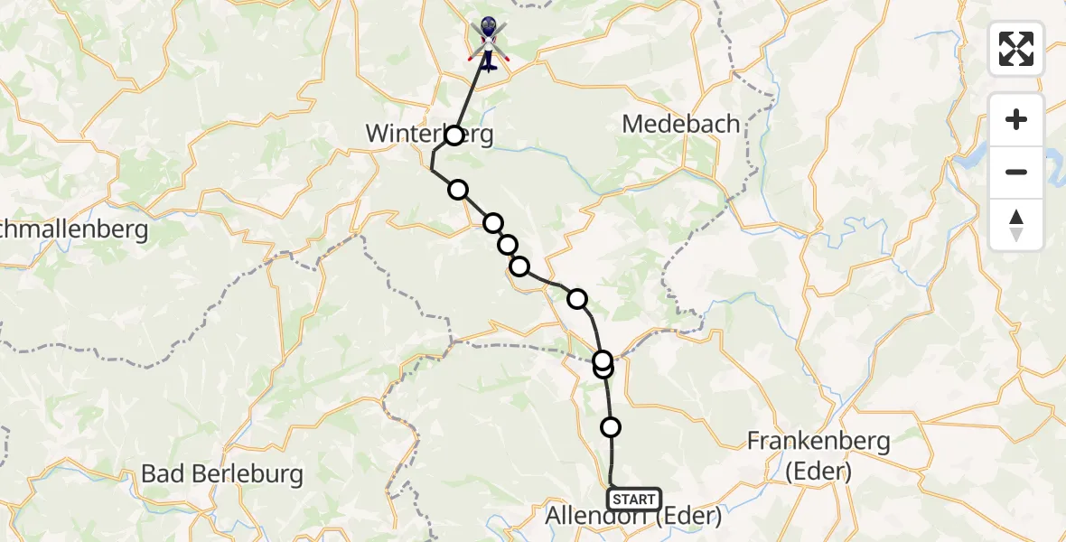 Flugroute Polizeihubschrauber Allendorf (Eder) - Grönebach, 12 Februar 2026, 13:09