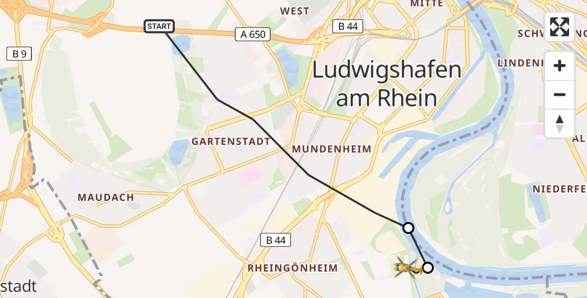 Flugroute Rettungshubschrauber Ludwigshafen am Rhein - Ludwigshafen am Rhein, 12 Februar 2026, 13:12