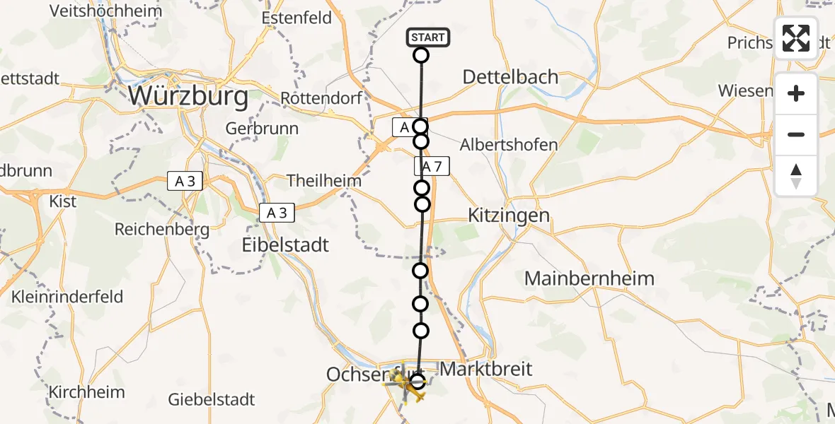 Flugroute Rettungshubschrauber Euerfeld - Ochsenfurt Hospital Heliport, 12 Februar 2026, 13:13