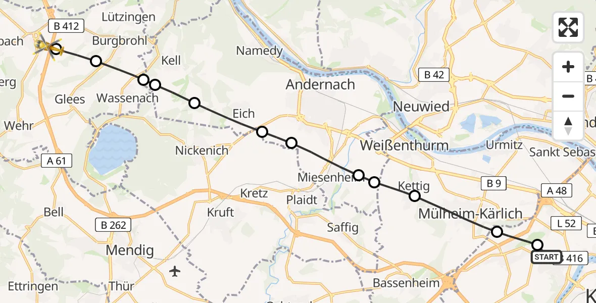 Flugroute Rettungshubschrauber Koblenz - Niederzissen, 12 Februar 2026, 13:15