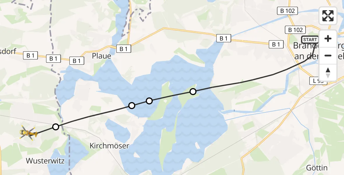 Flugroute Rettungshubschrauber Brandenburg an der Havel - Wusterwitz, 12 Februar 2026, 13:20