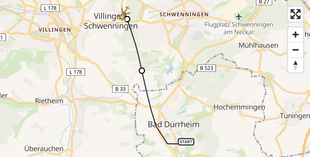 Flugroute Rettungshubschrauber Bad Dürrheim - DRF Air Rescue Station Villingen-Schwenningen Heliport (Christoph 11), 12 Februar 2026, 13:21