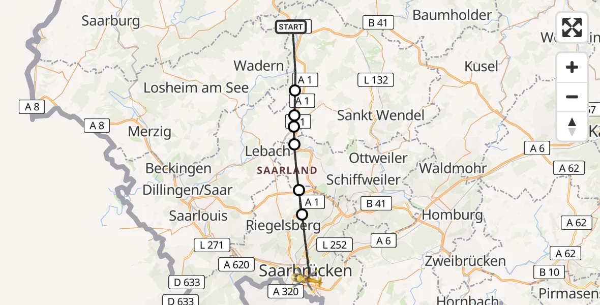 Flugroute Rettungshubschrauber Nonnweiler - Saarbrücken, 12 Februar 2026, 13:24