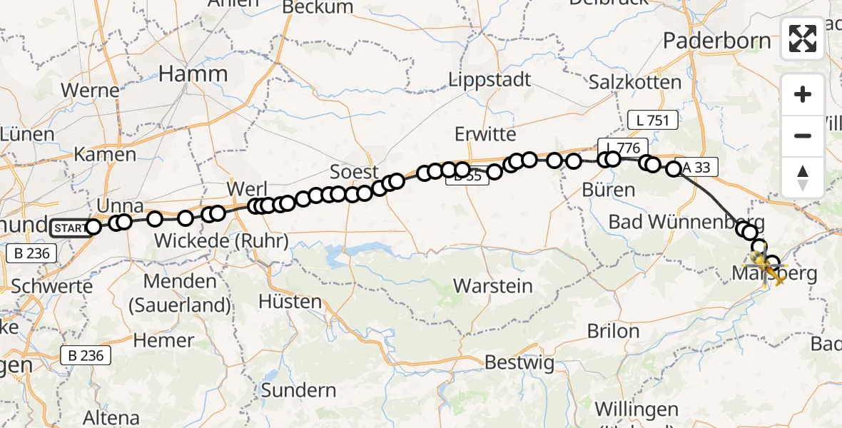 Flugroute Ambulanzhubschrauber Dortmund Airport - Marsberg, 12 Februar 2026, 13:27
