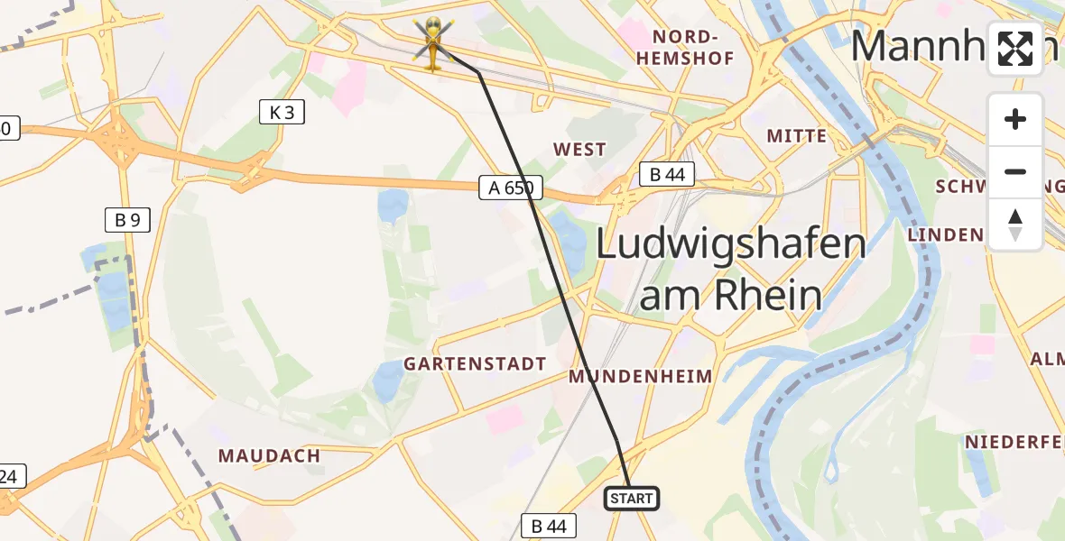Flugroute Rettungshubschrauber Ludwigshafen am Rhein - Ludwigshafen am Rhein, 12 Februar 2026, 13:28