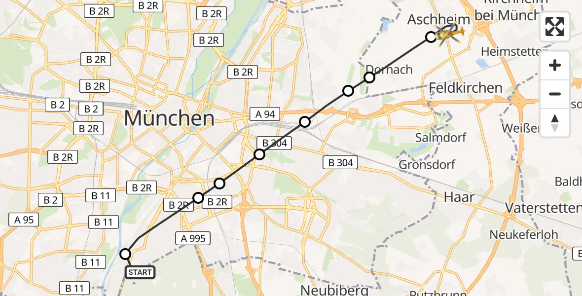Flugroute Rettungshubschrauber ADAC Air Rescue Center Heliport (Christoph 1) - Aschheim, 12 Februar 2026, 13:33