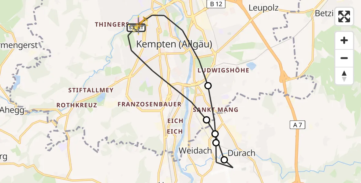 Flugroute Rettungshubschrauber Kempten (Allgäu) - Kempten (Allgäu), 12 Februar 2026, 13:47