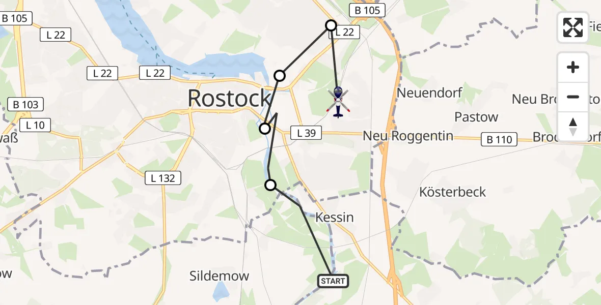 Flugroute Polizeihubschrauber Kessin - Ortsbeirat 15 : Brinckmansdorf, 12 Februar 2026, 13:48
