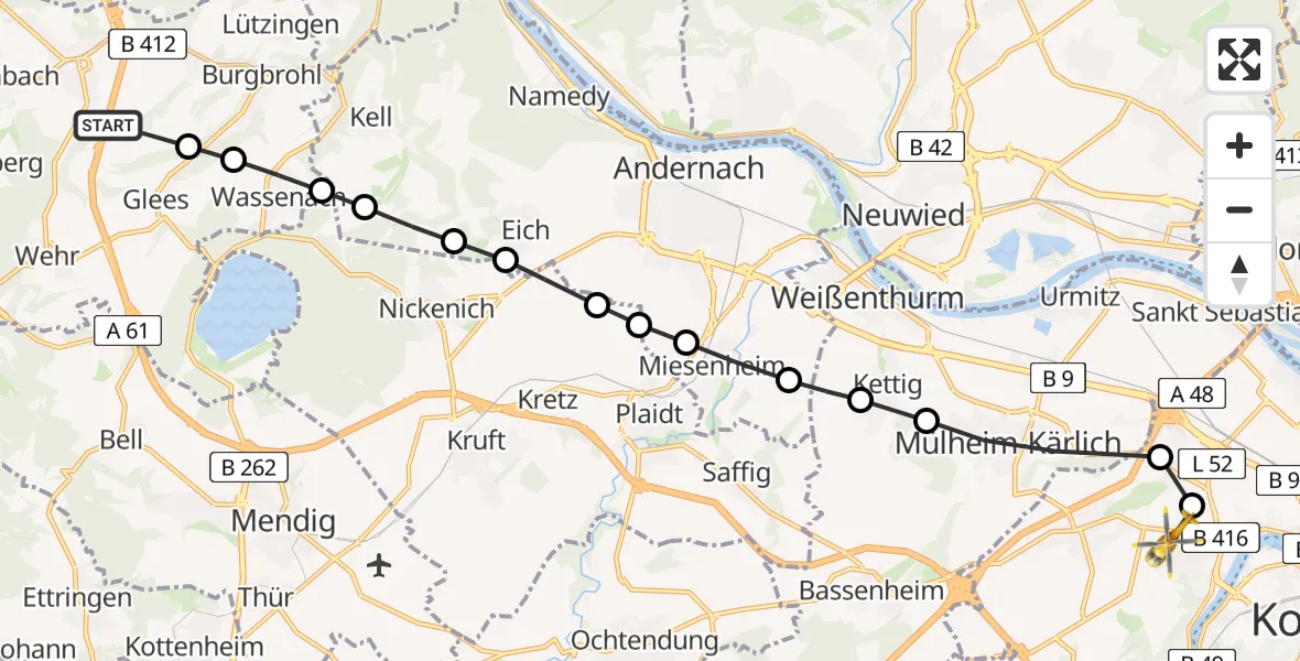 Flugroute Rettungshubschrauber Niederzissen - Koblenz, 12 Februar 2026, 13:53