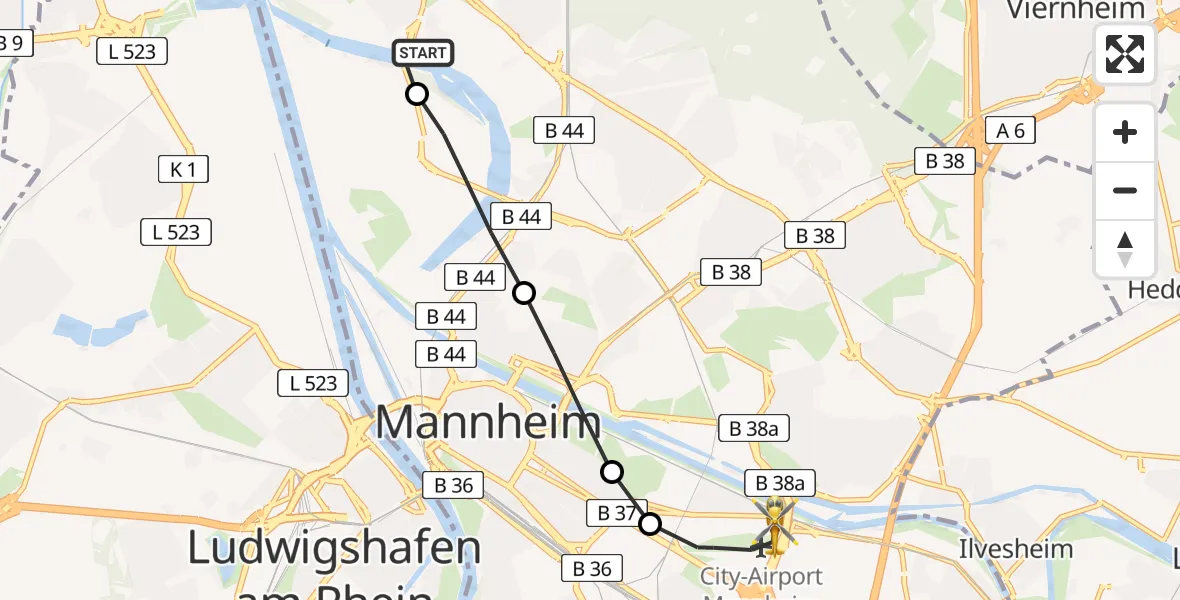 Flugroute Rettungshubschrauber Mannheim - Mannheim-City Airport, 12 Februar 2026, 14:11