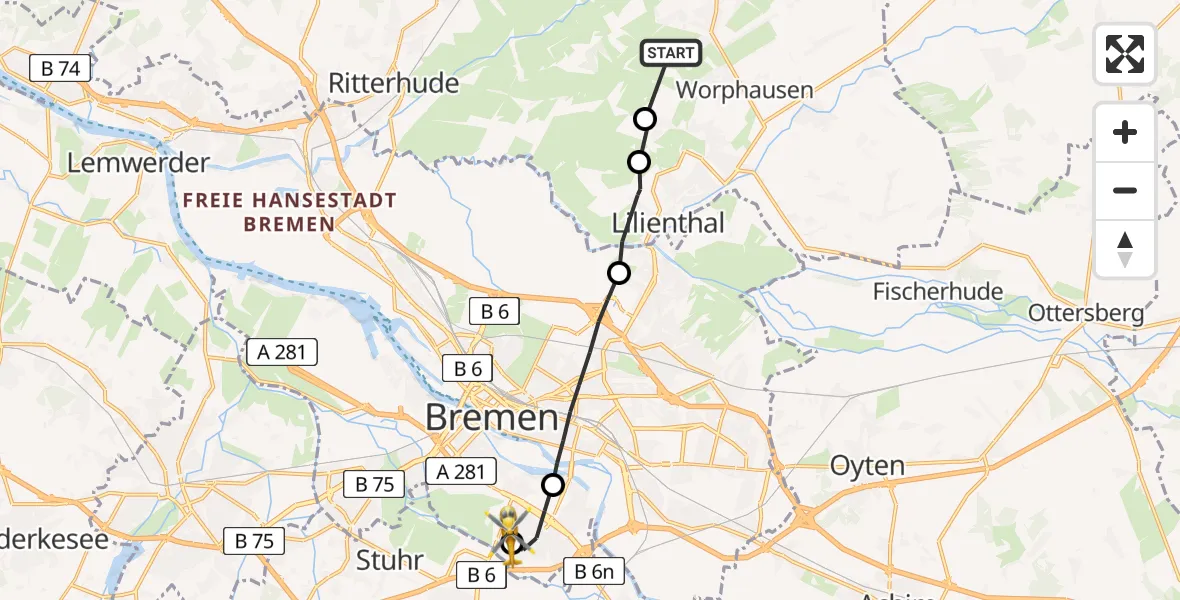 Flugroute Rettungshubschrauber Worpswede - ADAC Air Rescue Station Bremen Heliport (Christoph 6), 12 Februar 2026, 14:12