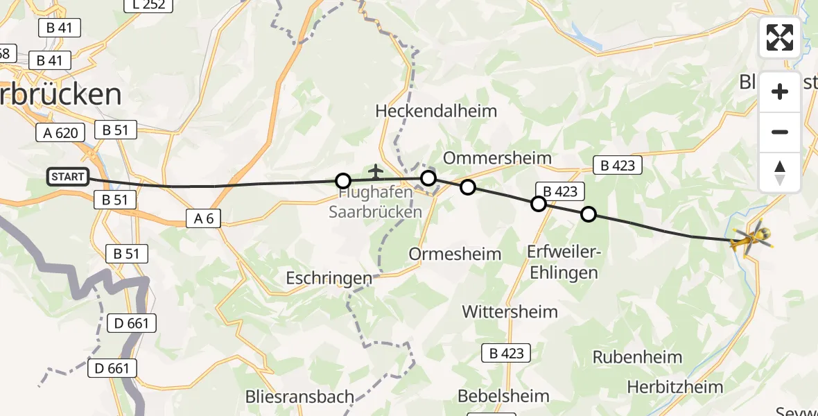 Flugroute Rettungshubschrauber Saarbrücken - Blieskastel, 12 Februar 2026, 14:22