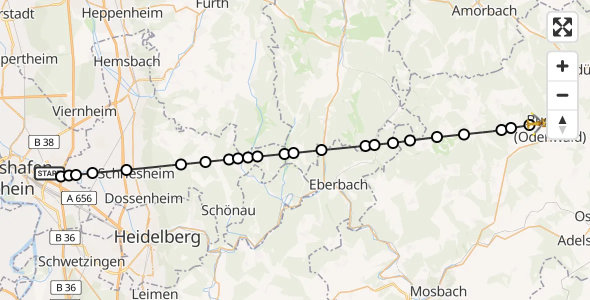 Flugroute Rettungshubschrauber Mannheim-City Airport - Buchen-Stadt, 12 Februar 2026, 14:35