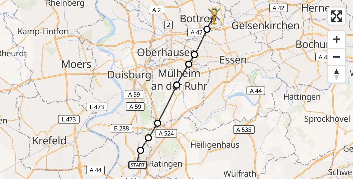 Flugroute Rettungshubschrauber Düsseldorf Airport - Bottrop, 12 Februar 2026, 14:37