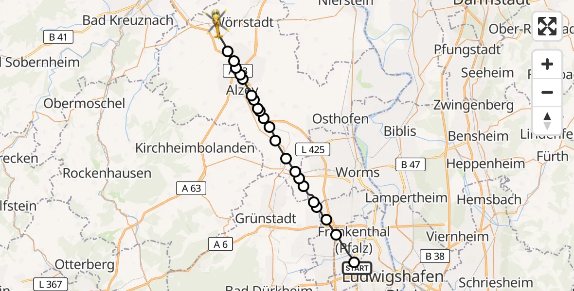 Routekaart van de vlucht: Rettungshubschrauber nach Wallertheim, B 420