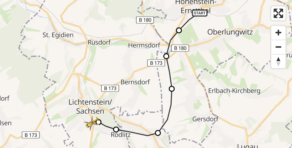 Flugroute Rettungshubschrauber Hohenstein-Ernstthal - DRK Hospital Lichtenstein Heliport, 12 Februar 2026, 14:47