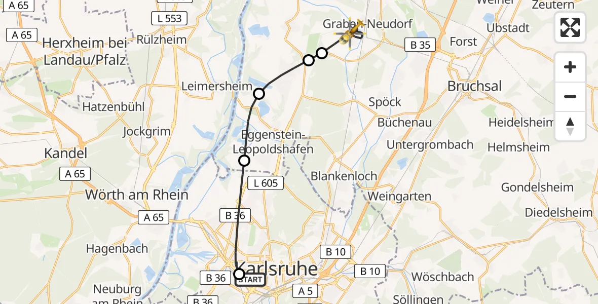 Flugroute Rettungshubschrauber Sankt Vincentius Hospital Heliport - Graben-Neudorf, 12 Februar 2026, 14:50