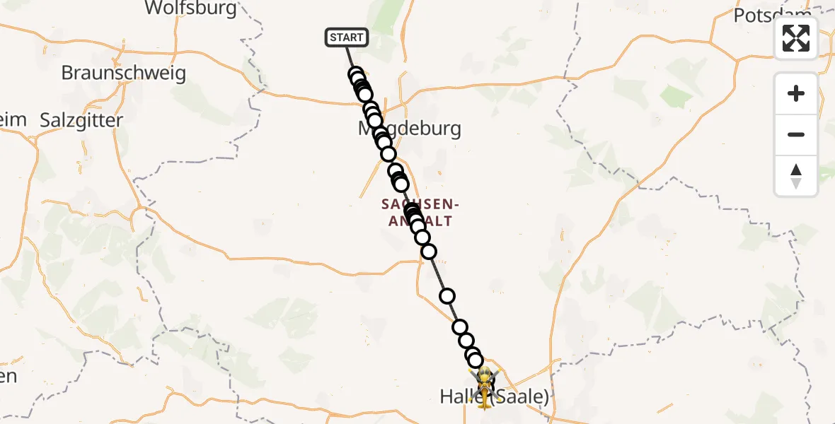 Flugroute Rettungshubschrauber Haldensleben - Halle (Saale) University Hospital Heliport, 12 Februar 2026, 14:52