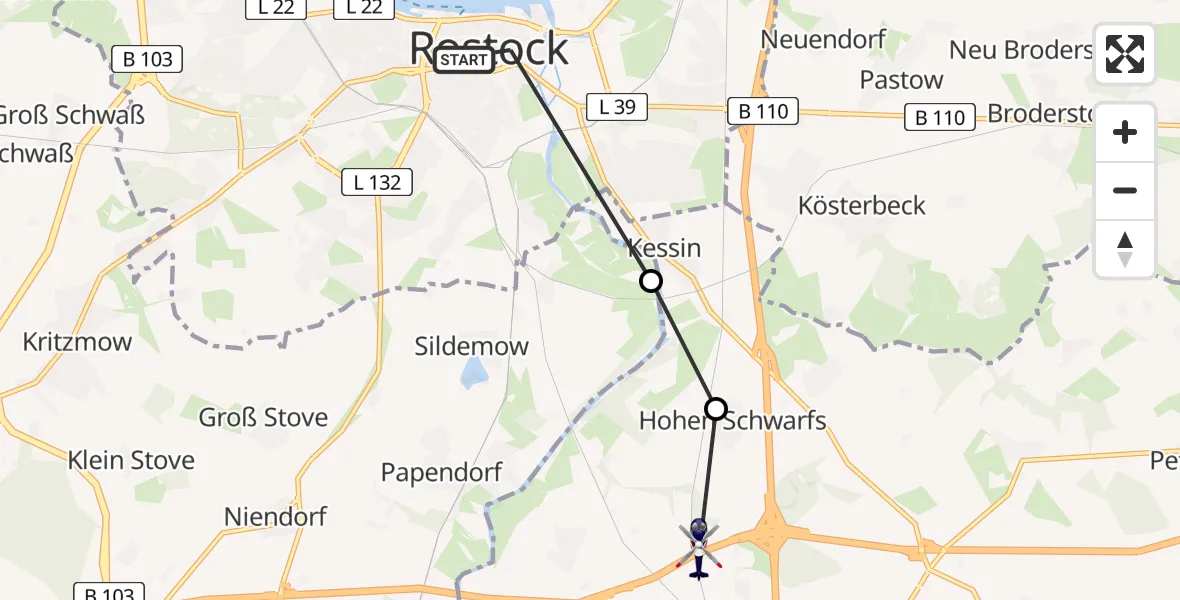Flugroute Polizeihubschrauber Ortsbeirat 14 : Stadtmitte - Dummerstorf, 12 Februar 2026, 15:03