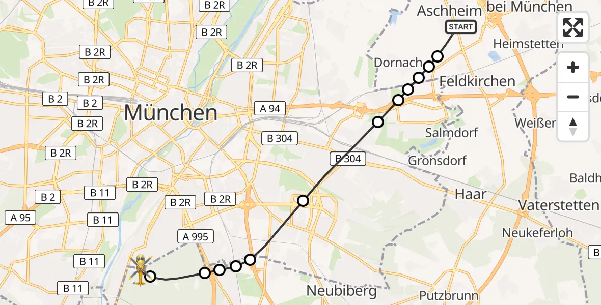 Flugroute Rettungshubschrauber Aschheim - ADAC Air Rescue Center Heliport (Christoph 1), 12 Februar 2026, 15:06