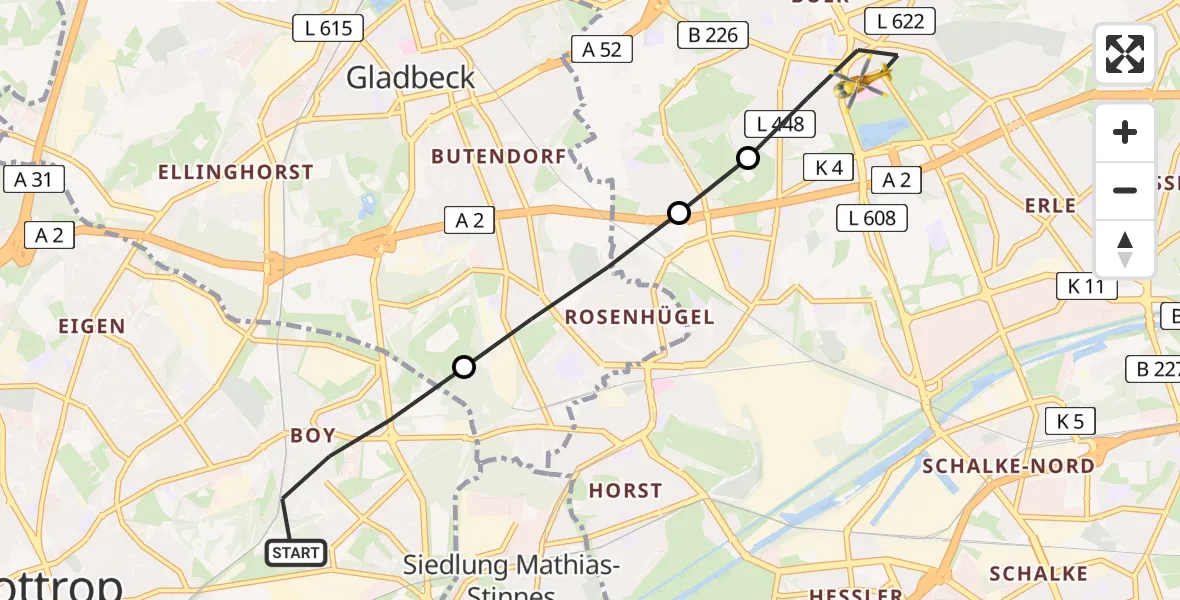 Flugroute Rettungshubschrauber Bottrop - Gelsenkirchen-Nord, 12 Februar 2026, 15:17