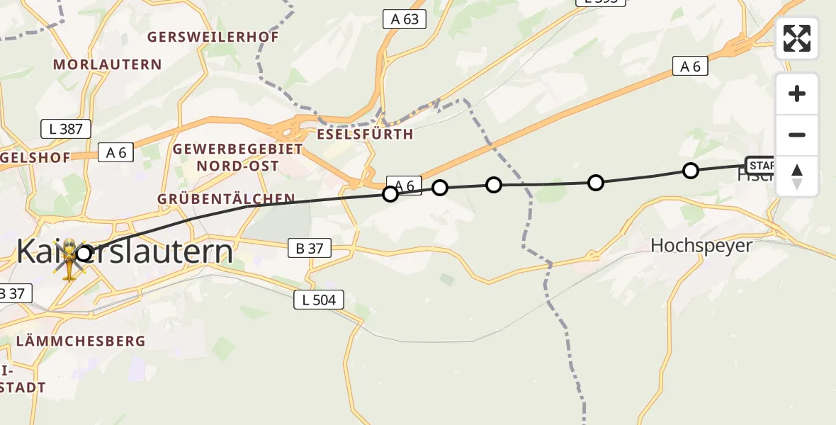 Flugroute Rettungshubschrauber Fischbach - Westpfalz Hospital Kaiserslautern Heliport, 12 Februar 2026, 15:20