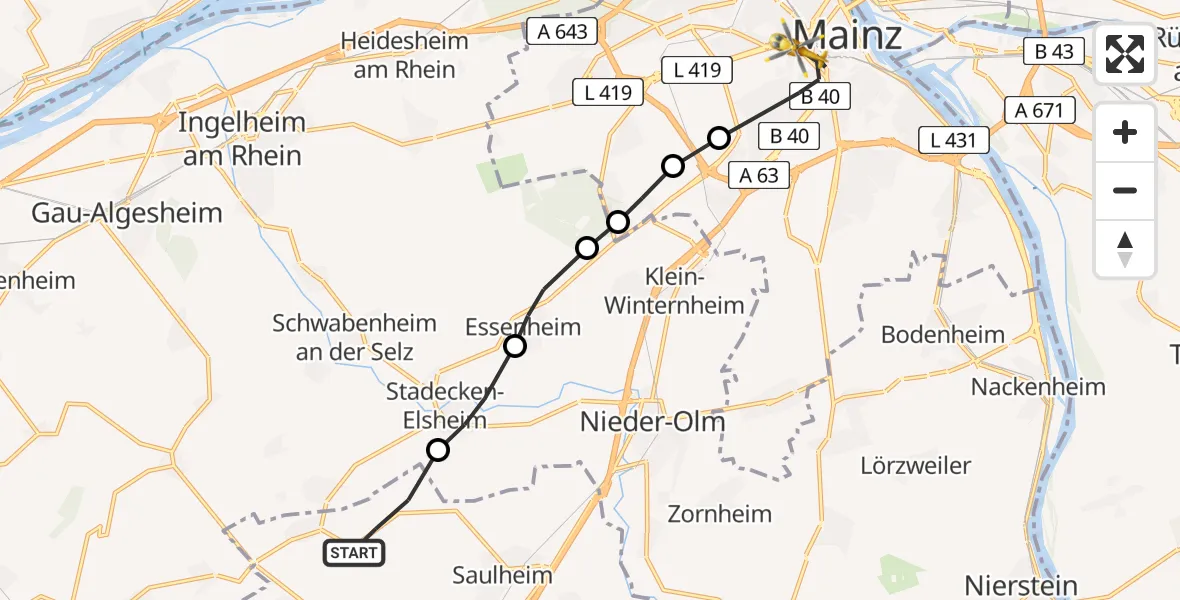 Routekaart van de vlucht: Rettungshubschrauber nach Mainz University Hospital Heliport