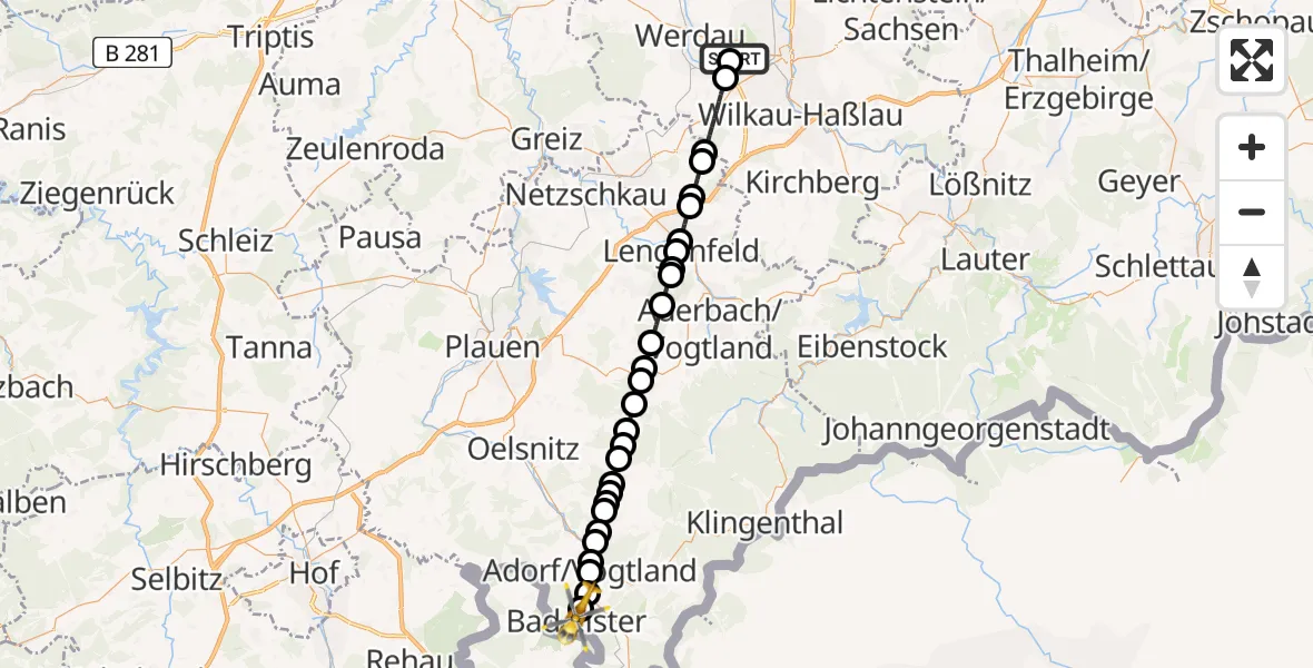 Flugroute Rettungshubschrauber ADAC Air Rescue Station Zwickau Heliport - Bad Elster, 12 Februar 2026, 15:34
